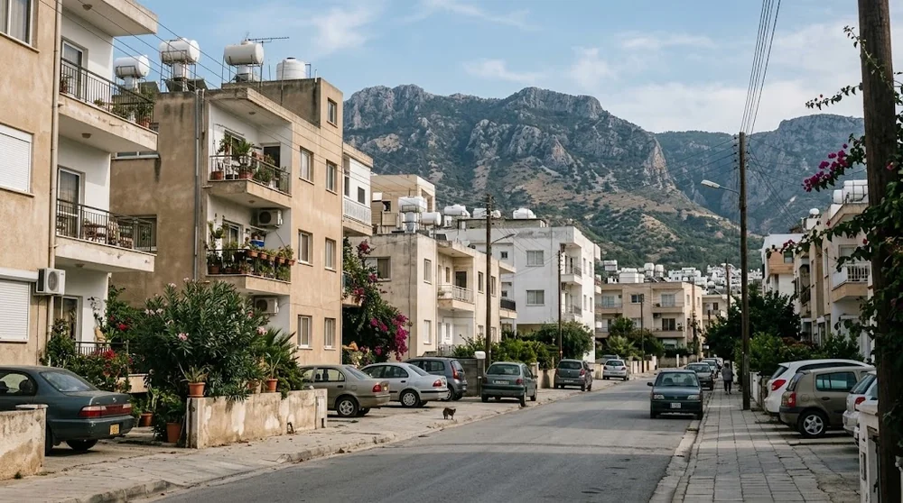 Wohngebäude und Gehweg in einem Wohnviertel von Kyrenia