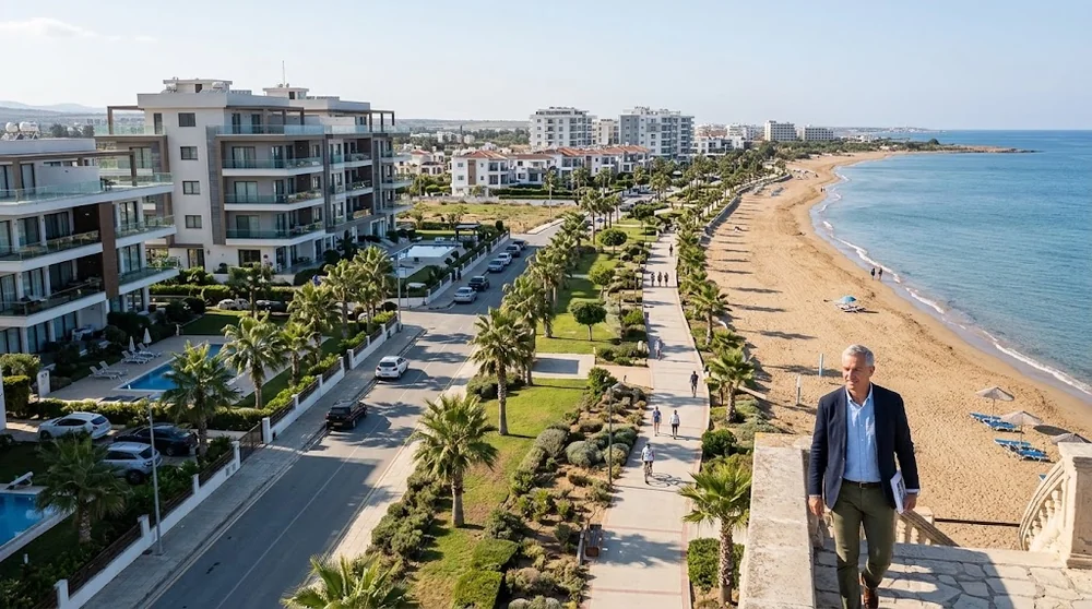 Apartmentgebäude, Promenade und Sandstrand bei Long Beach in Iskele